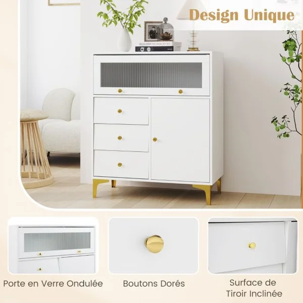 Commode à Coucher Armoire de Rangement avec Porte en Verre Strié Basculante et Tiroirs Coulissants Pieds en Métal Blanc