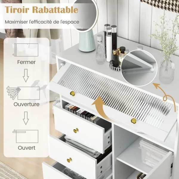 Commode à Coucher Armoire de Rangement avec Porte en Verre Strié Basculante et Tiroirs Coulissants Pieds en Métal Blanc