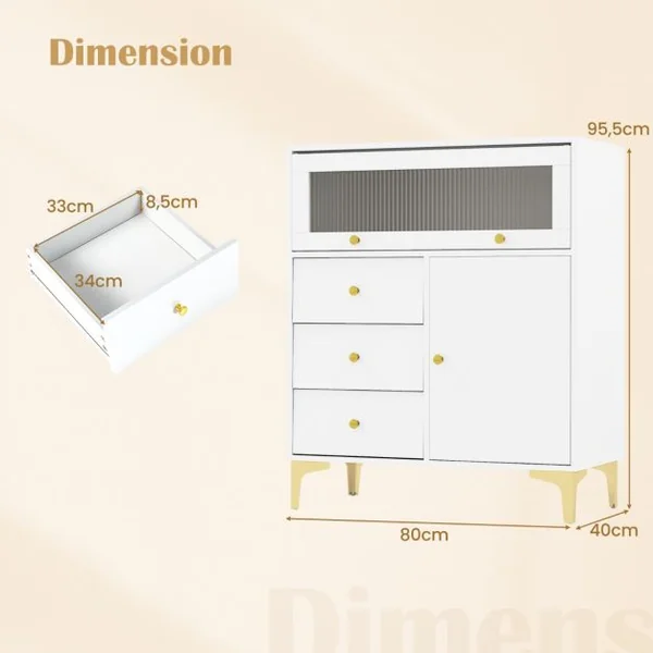 Commode à Coucher Armoire de Rangement avec Porte en Verre Strié Basculante et Tiroirs Coulissants Pieds en Métal Blanc
