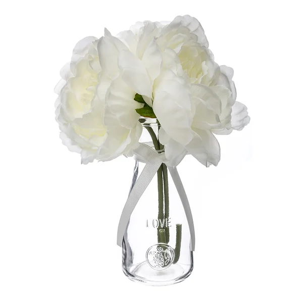 Composition vase verre et 3 pivoines blancs H 25cm