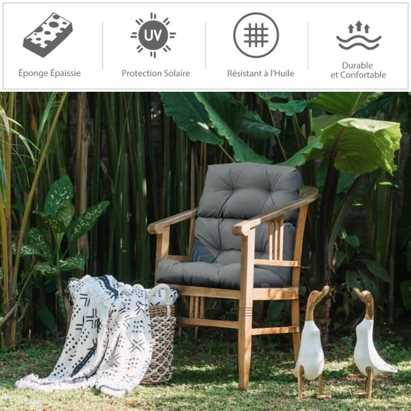 Coussin de Chaise à Dossier Haut, Coussin de Siège de Chaise de Patio, Sangles en Corde Antidérapantes, Protection Solaire, Eponge Epaisse, en Polyester Respirant, pour Intérieur Extérieur