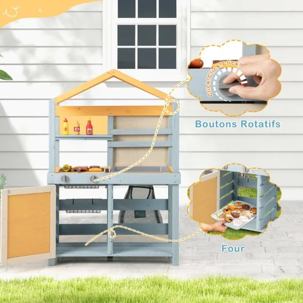 Cuisine de Boue 2 en 1 en Bois Cuisine de Jeu Extérieure et Magasin d'Alimentation avec Évier Amovible Sac de Rangement et Paniers Gris