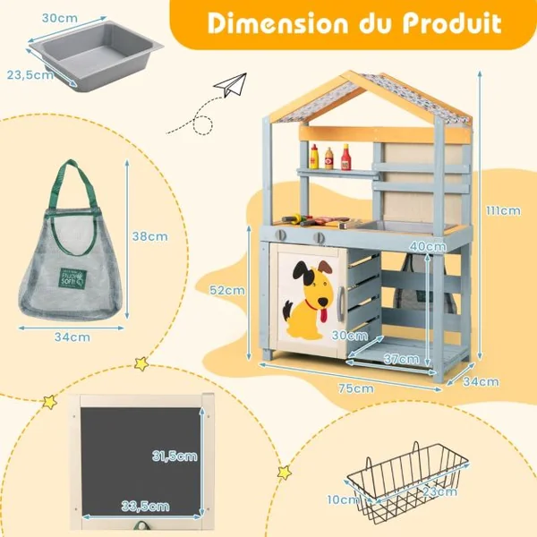Cuisine de Boue 2 en 1 en Bois Cuisine de Jeu Extérieure et Magasin d'Alimentation avec Évier Amovible Sac de Rangement et Paniers Gris