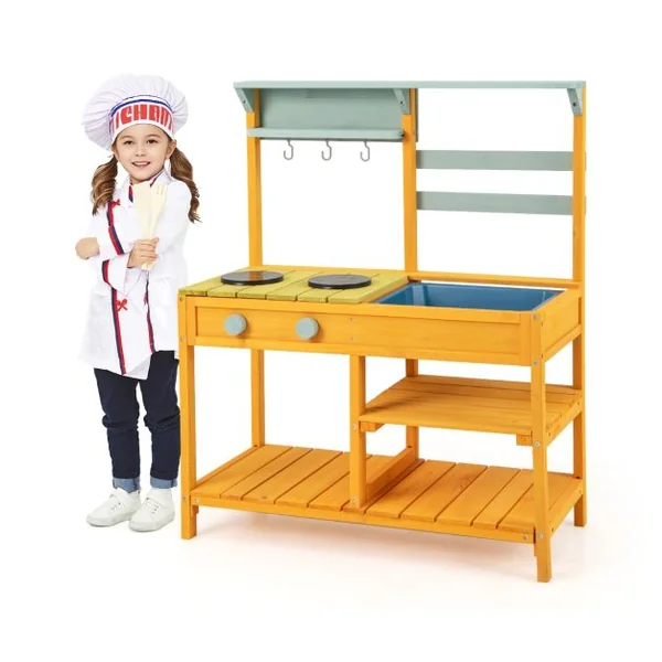 Cuisine de Boue en Bois de Sapin avec Cuisinières Boutons et Évier Aire de Jeu avec Crochets Suspendus et Étagères de Rangement Jaune/Naturel