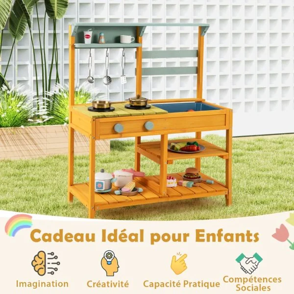 Cuisine de Boue en Bois de Sapin avec Cuisinières Boutons et Évier Aire de Jeu avec Crochets Suspendus et Étagères de Rangement Jaune/Naturel