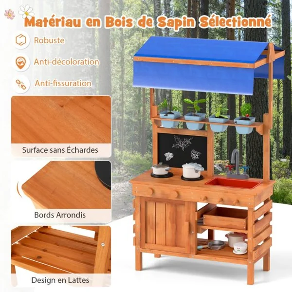 Cuisine de Boue en Bois pour Jeu de Rôle avec Auvent Réglable en Hauteur Tableau Noir Tasses de Plantation Plaques de Cuisson 135x77x52cm Naturel