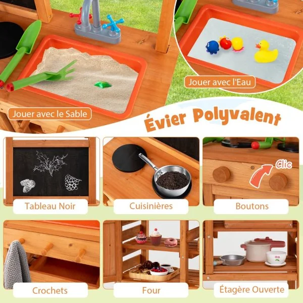 Cuisine de Boue en Bois pour Jeu de Rôle avec Auvent Réglable en Hauteur Tableau Noir Tasses de Plantation Plaques de Cuisson 135x77x52cm Naturel