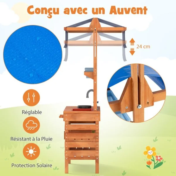 Cuisine de Boue en Bois pour Jeu de Rôle avec Auvent Réglable en Hauteur Tableau Noir Tasses de Plantation Plaques de Cuisson 135x77x52cm Naturel