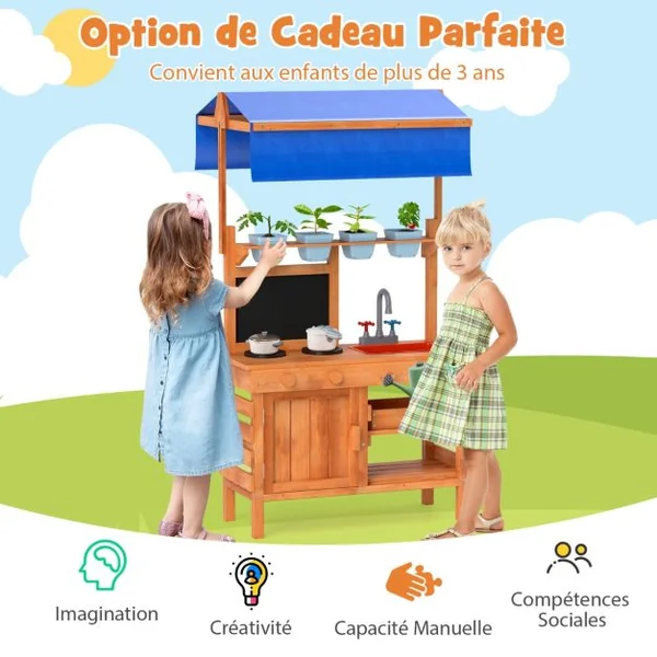 Cuisine de Boue en Bois pour Jeu de Rôle avec Auvent Réglable en Hauteur Tableau Noir Tasses de Plantation Plaques de Cuisson 135x77x52cm Naturel