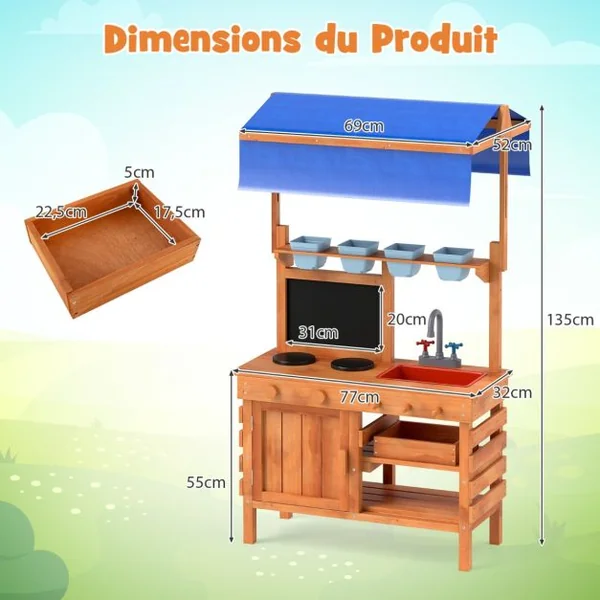 Cuisine de Boue en Bois pour Jeu de Rôle avec Auvent Réglable en Hauteur Tableau Noir Tasses de Plantation Plaques de Cuisson 135x77x52cm Naturel