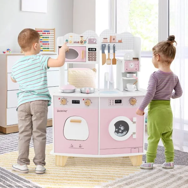 Cuisine de Jeu avec Cafetière Micro-ondes Four Machine à Laver Accessoires de Cuisine et Évier pour 3 Ans+ Rose