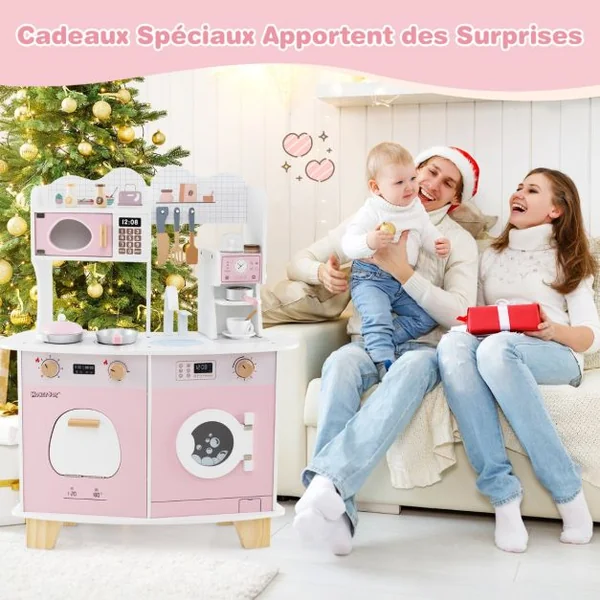 Cuisine de Jeu avec Cafetière Micro-ondes Four Machine à Laver Accessoires de Cuisine et Évier pour 3 Ans+ Rose