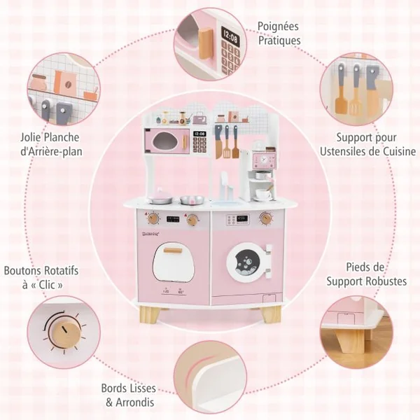 Cuisine de Jeu avec Cafetière Micro-ondes Four Machine à Laver Accessoires de Cuisine et Évier pour 3 Ans+ Rose