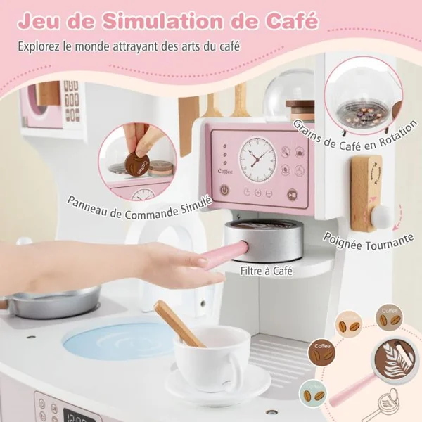 Cuisine de Jeu avec Cafetière Micro-ondes Four Machine à Laver Accessoires de Cuisine et Évier pour 3 Ans+ Rose