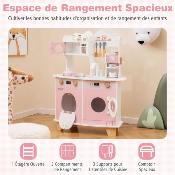 Cuisine de Jeu avec Cafetière Micro-ondes Four Machine à Laver Accessoires de Cuisine et Évier pour 3 Ans+ Rose