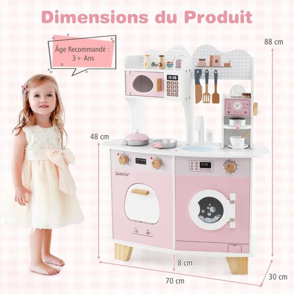 Cuisine de Jeu avec Cafetière Micro-ondes Four Machine à Laver Accessoires de Cuisine et Évier pour 3 Ans+ Rose