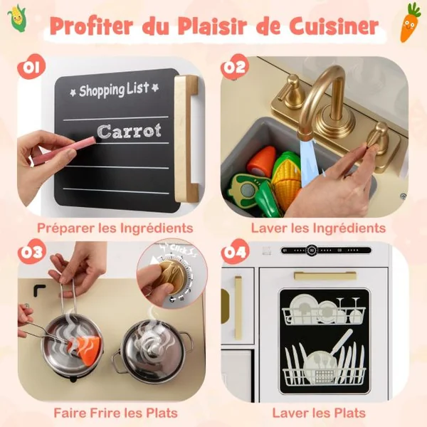 Cuisine de Jeu avec Tableau Noir Fabricant de Glace Évier Tiroir en Tissu et Lave-Vaisselle Cuisine en Bois avec Micro-ondes Lumineux Blanc