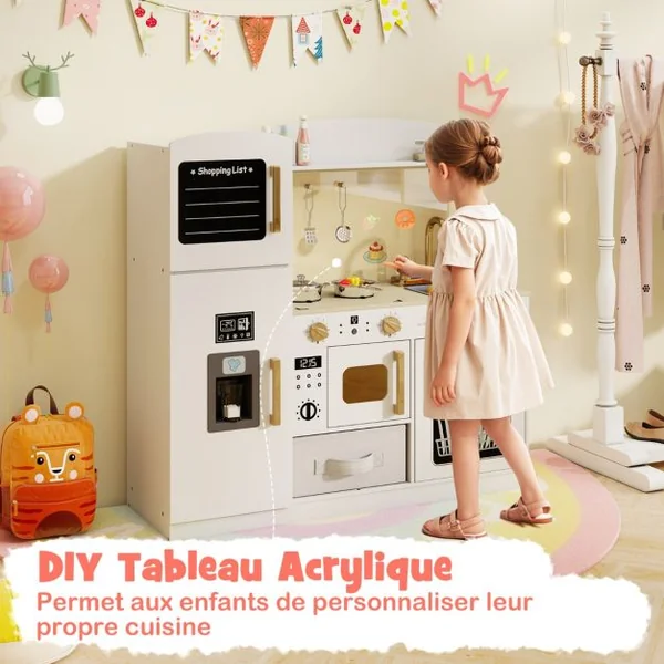 Cuisine de Jeu avec Tableau Noir Fabricant de Glace Évier Tiroir en Tissu et Lave-Vaisselle Cuisine en Bois avec Micro-ondes Lumineux Blanc