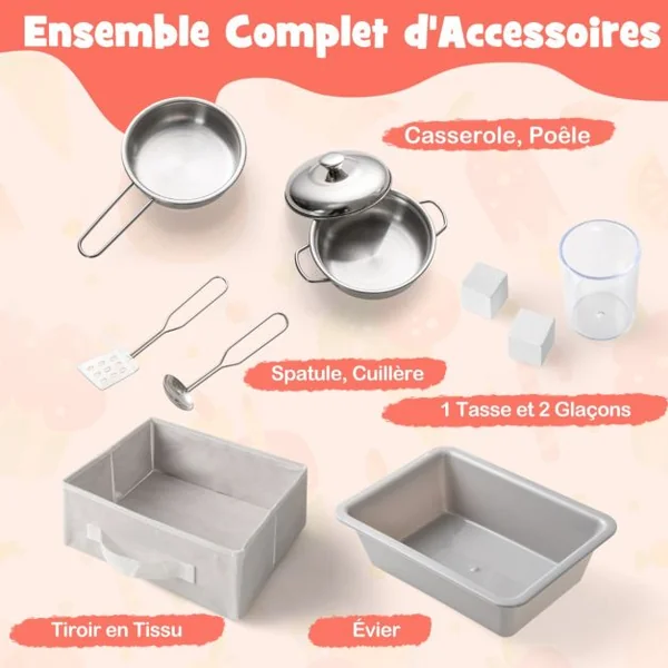 Cuisine de Jeu avec Tableau Noir Fabricant de Glace Évier Tiroir en Tissu et Lave-Vaisselle Cuisine en Bois avec Micro-ondes Lumineux Blanc