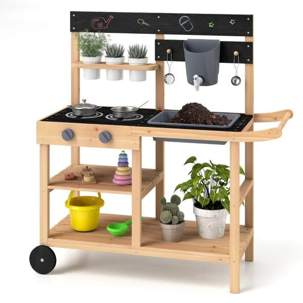 Cuisine de Jeu d’Extérieur à Roulettes Tableau Noir Pots de Fleurs Evier Réservoir d’eau Robinet Etagères Accessoires pour 3+ Ans Naturel