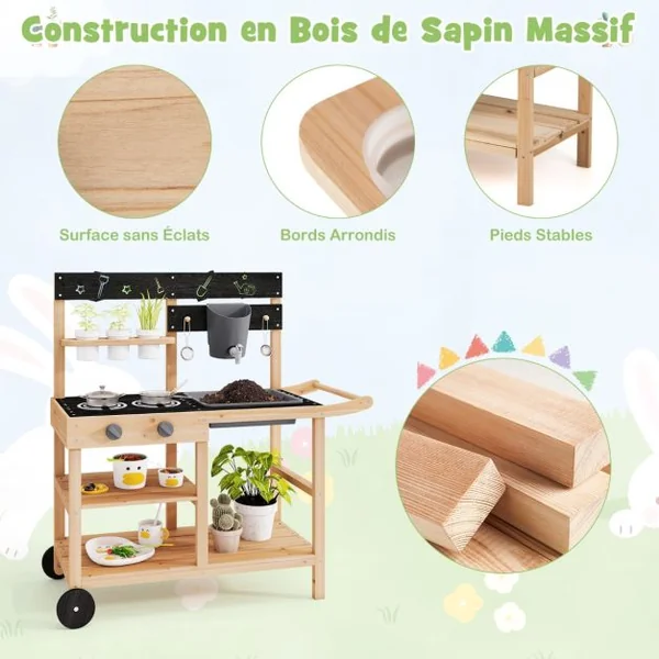 Cuisine de Jeu d’Extérieur à Roulettes Tableau Noir Pots de Fleurs Evier Réservoir d’eau Robinet Etagères Accessoires pour 3+ Ans Naturel