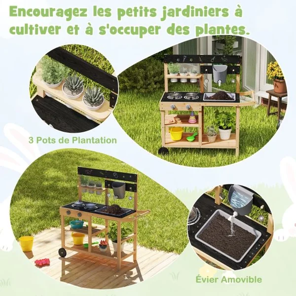 Cuisine de Jeu d’Extérieur à Roulettes Tableau Noir Pots de Fleurs Evier Réservoir d’eau Robinet Etagères Accessoires pour 3+ Ans Naturel