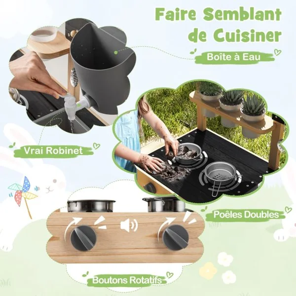 Cuisine de Jeu d’Extérieur à Roulettes Tableau Noir Pots de Fleurs Evier Réservoir d’eau Robinet Etagères Accessoires pour 3+ Ans Naturel
