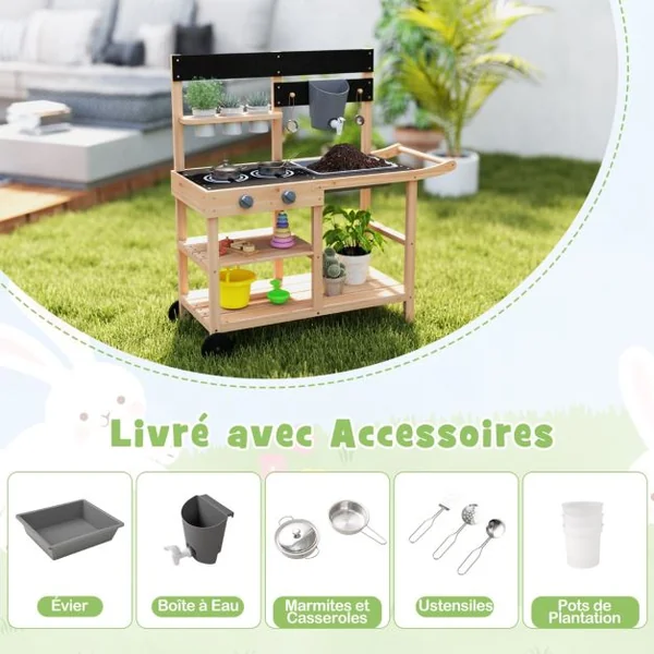 Cuisine de Jeu d’Extérieur à Roulettes Tableau Noir Pots de Fleurs Evier Réservoir d’eau Robinet Etagères Accessoires pour 3+ Ans Naturel