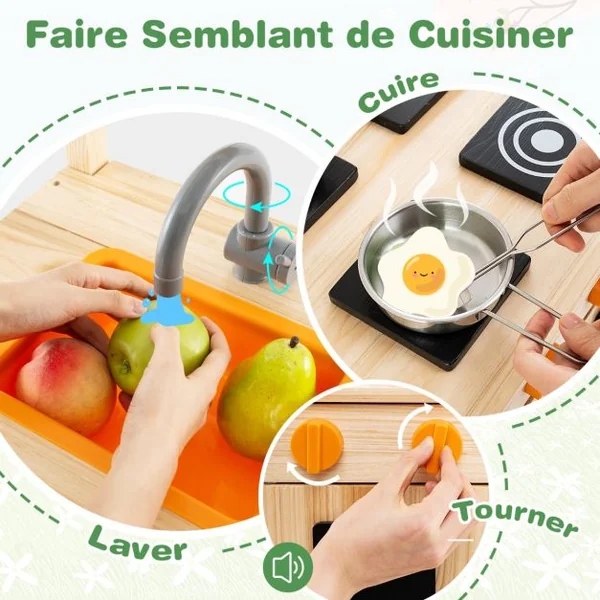 Cuisine de Jeu en Bois avec Auvent Evier Amovible 4 Cuisinières Boutons Rotatifs Tableaux Noirs avec Accessoires pour 3+ Ans Naturel