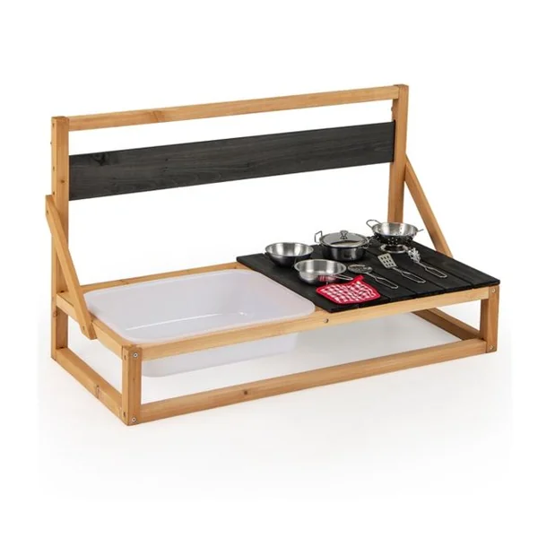 Cuisine de Jeu Murale/de Table en Bois de Sapin avec Crochets de Suspension Tableau Noir Evier Accessoires Chiffon pour 3+ ans Naturel