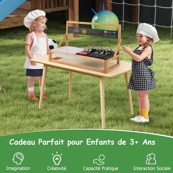 Cuisine de Jeu Murale/de Table en Bois de Sapin avec Crochets de Suspension Tableau Noir Evier Accessoires Chiffon pour 3+ ans Naturel