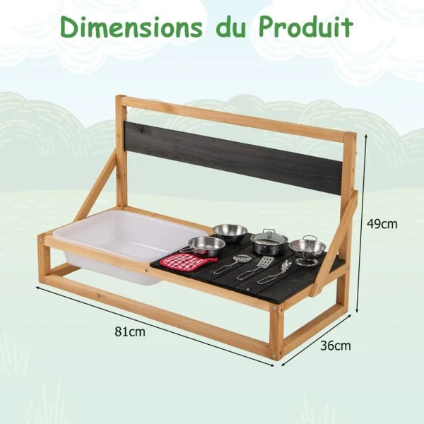 Cuisine de Jeu Murale/de Table en Bois de Sapin avec Crochets de Suspension Tableau Noir Evier Accessoires Chiffon pour 3+ ans Naturel