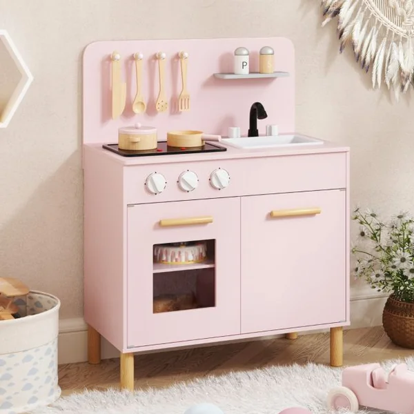 Cuisine de Jeu pour Enfants de 3+ Ans Cuisine de Jeu En Bois avec Lumières Sons Cuisinières Evier Four et Accessoires Blanc/Rose/Bleu