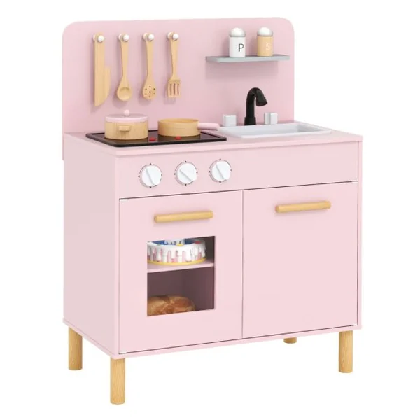 Cuisine de Jeu pour Enfants de 3+ Ans Cuisine de Jeu En Bois avec Lumières Sons Cuisinières Evier Four et Accessoires Blanc/Rose/Bleu