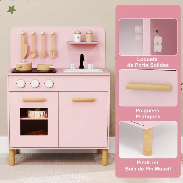 Cuisine de Jeu pour Enfants de 3+ Ans Cuisine de Jeu En Bois avec Lumières Sons Cuisinières Evier Four et Accessoires Blanc/Rose/Bleu