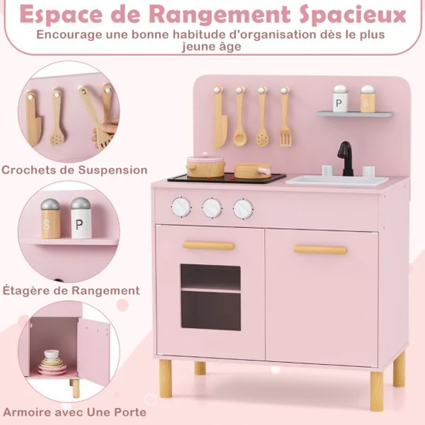 Cuisine de Jeu pour Enfants de 3+ Ans Cuisine de Jeu En Bois avec Lumières Sons Cuisinières Evier Four et Accessoires Blanc/Rose/Bleu