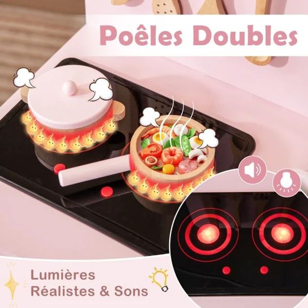 Cuisine de Jeu pour Enfants de 3+ Ans Cuisine de Jeu En Bois avec Lumières Sons Cuisinières Evier Four et Accessoires Blanc/Rose/Bleu