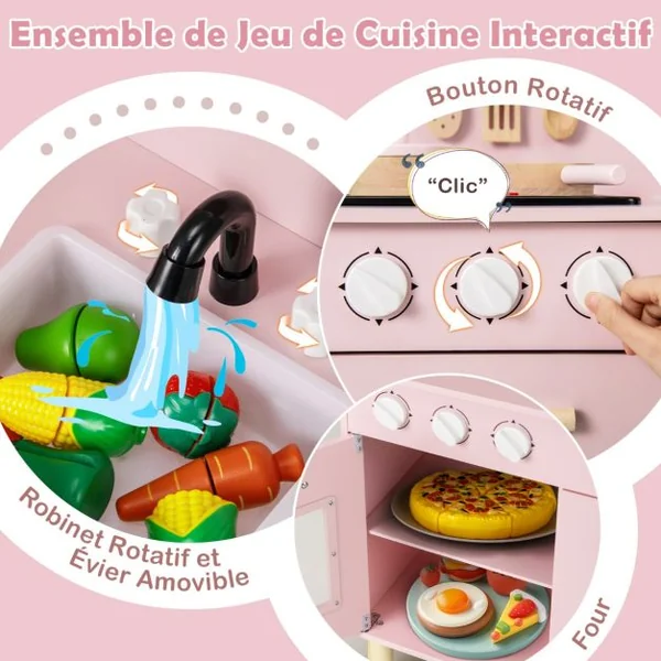 Cuisine de Jeu pour Enfants de 3+ Ans Cuisine de Jeu En Bois avec Lumières Sons Cuisinières Evier Four et Accessoires Blanc/Rose/Bleu