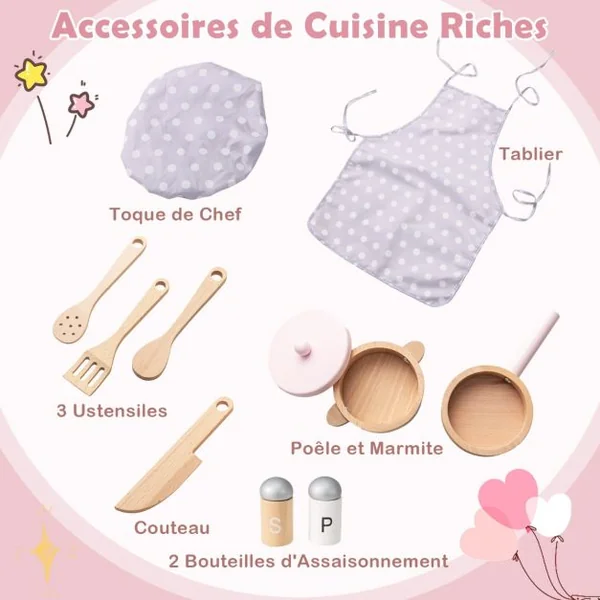 Cuisine de Jeu pour Enfants de 3+ Ans Cuisine de Jeu En Bois avec Lumières Sons Cuisinières Evier Four et Accessoires Blanc/Rose/Bleu
