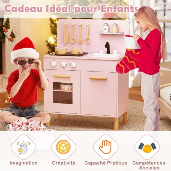 Cuisine de Jeu pour Enfants de 3+ Ans Cuisine de Jeu En Bois avec Lumières Sons Cuisinières Evier Four et Accessoires Blanc/Rose/Bleu