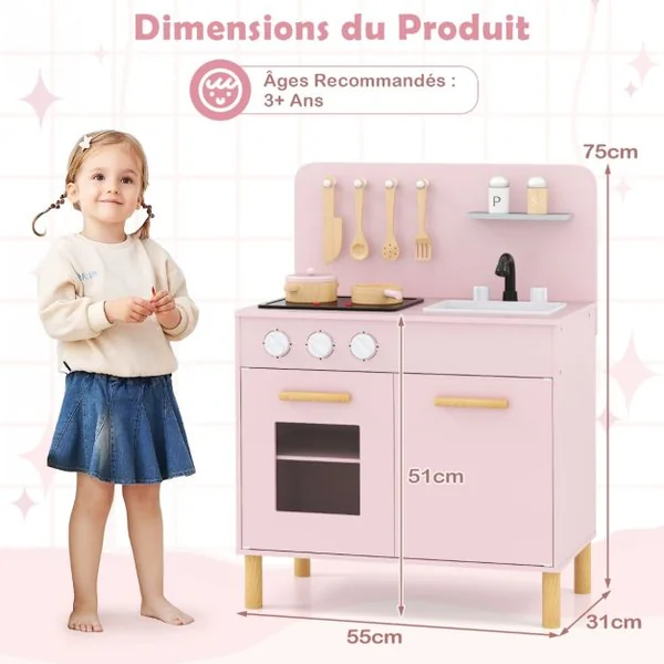 Cuisine de Jeu pour Enfants de 3+ Ans Cuisine de Jeu En Bois avec Lumières Sons Cuisinières Evier Four et Accessoires Blanc/Rose/Bleu