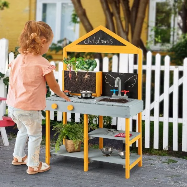 Cuisine Extérieure pour Enfants avec Jardinière Robinet Rotatif et Evier Amovible 2 Tableaux Noirs Accessoires de Batterie pour 3+ Ans Bleu