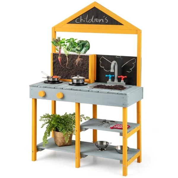 Cuisine Extérieure pour Enfants avec Jardinière Robinet Rotatif et Evier Amovible 2 Tableaux Noirs Accessoires de Batterie pour 3+ Ans Bleu
