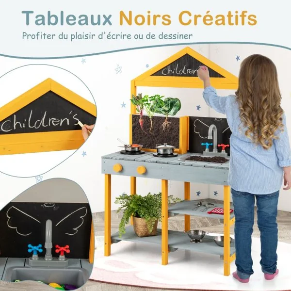 Cuisine Extérieure pour Enfants avec Jardinière Robinet Rotatif et Evier Amovible 2 Tableaux Noirs Accessoires de Batterie pour 3+ Ans Bleu