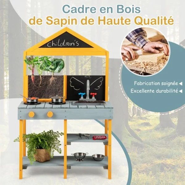 Cuisine Extérieure pour Enfants avec Jardinière Robinet Rotatif et Evier Amovible 2 Tableaux Noirs Accessoires de Batterie pour 3+ Ans Bleu