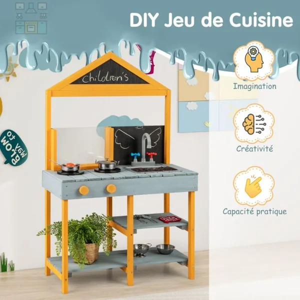 Cuisine Extérieure pour Enfants avec Jardinière Robinet Rotatif et Evier Amovible 2 Tableaux Noirs Accessoires de Batterie pour 3+ Ans Bleu