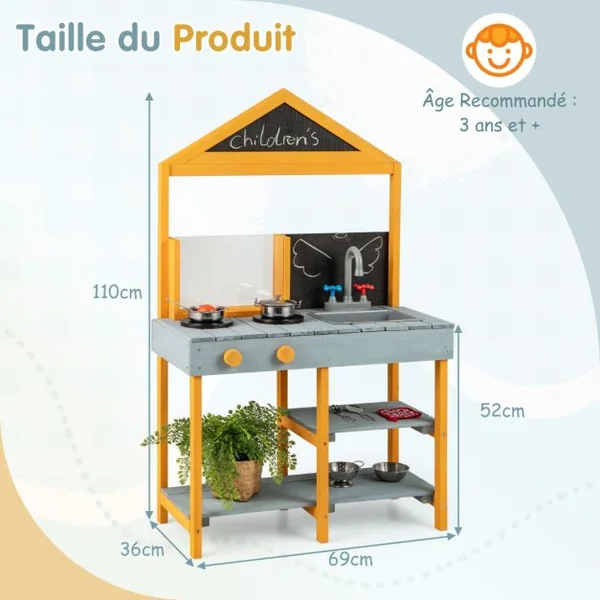 Cuisine Extérieure pour Enfants avec Jardinière Robinet Rotatif et Evier Amovible 2 Tableaux Noirs Accessoires de Batterie pour 3+ Ans Bleu