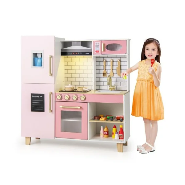 Cuisine pour Enfants en Bois avec Machine à Glaçons Hotte Tableau Noir Barbecue Ustensiles avec Lumières et Sons Cadeau pour les 3+ Ans Rose