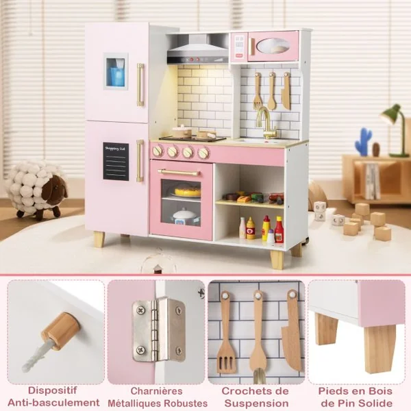 Cuisine pour Enfants en Bois avec Machine à Glaçons Hotte Tableau Noir Barbecue Ustensiles avec Lumières et Sons Cadeau pour les 3+ Ans Rose