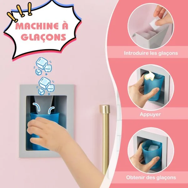 Cuisine pour Enfants en Bois avec Machine à Glaçons Hotte Tableau Noir Barbecue Ustensiles avec Lumières et Sons Cadeau pour les 3+ Ans Rose
